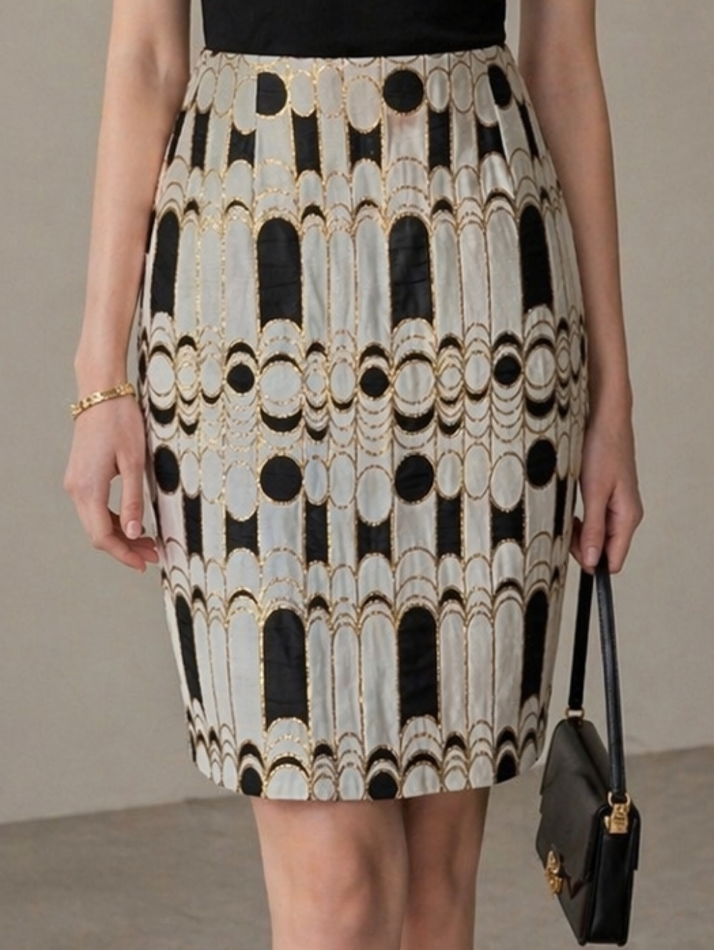 Trina Turk Black and Cream Geometric Cocktail Pencil Skirt Metallic Gold Accents